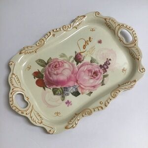 Valentine Melamine Floral LOVE Serving Vanity Tray Handles Pink Peonies Tea NEW
